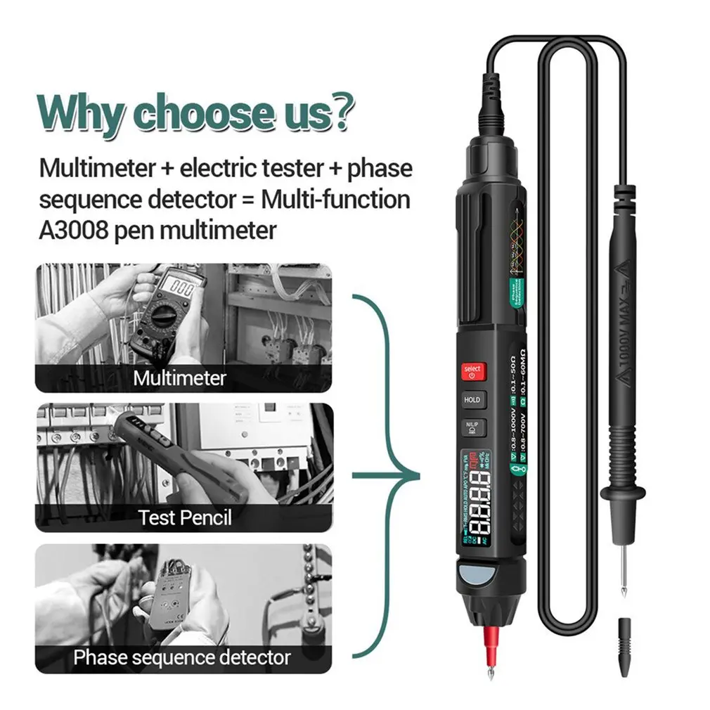 A3008 Digital Multimeter Auto Intelligent Sensor Pen Tester 6000 Counts NonContact Voltage Meter Multimetre polimetro
A3008 Digital Multimeter Auto Intelligent Sensor Pen Tester 6000 Counts NonContact Voltage Meter Multimetre polimetro