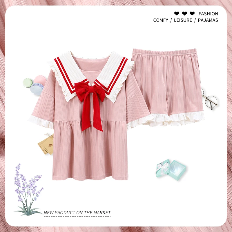 Kawaii Pink Navy Collar Bow Girls Sleepwear Sweet Lovely Homewear Summer College Style Women's Cotton Short Sleeve Pajamas Sets
Kawaii Pink Navy Collar Bow Girls Sleepwear Sweet Lovely Homewear Summer College Style Women's Cotton Short Sleeve Pajamas Sets