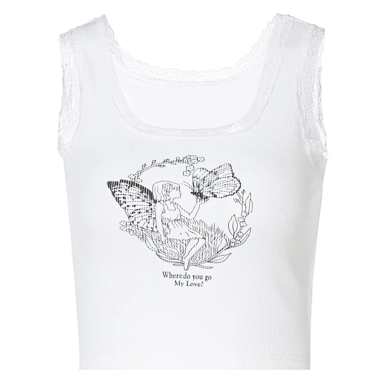 2021Kawaii Flower Fairy Butterfly Print Lace Sleeveless Tanks White Crop Tops Streetwear Vintage Aesthetics Y2K Cute Slim Top
2021Kawaii Flower Fairy Butterfly Print Lace Sleeveless Tanks White Crop Tops Streetwear Vintage Aesthetics Y2K Cute Slim Top