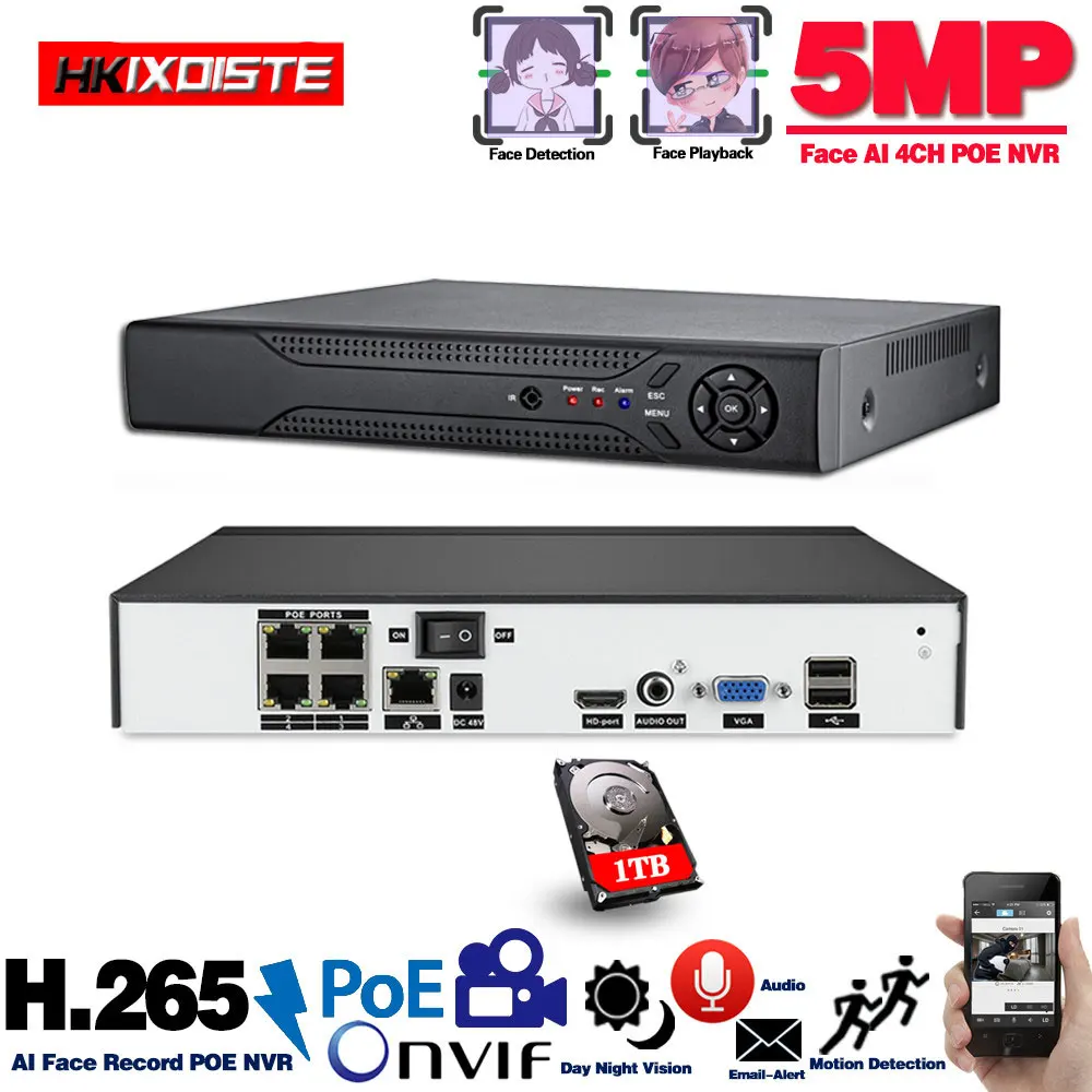 

H.265 POE NVR 4CH 5MP 4MP IP Security Video Surveillance Recorder Motion Detect ONVIF P2P CCTV NVR For 5MP 2MP POE IP Cameras