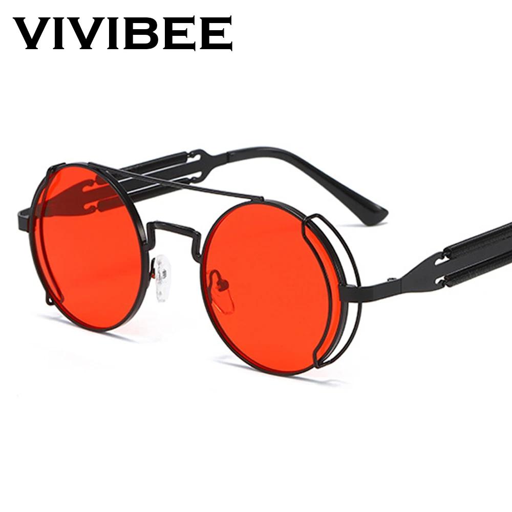 

VIVIBEE Steampunk Sunglasses Men Round Red Lens Punk Sun Glasses Black Metal Gothic Style 2023 New Products Women UV400 Shades