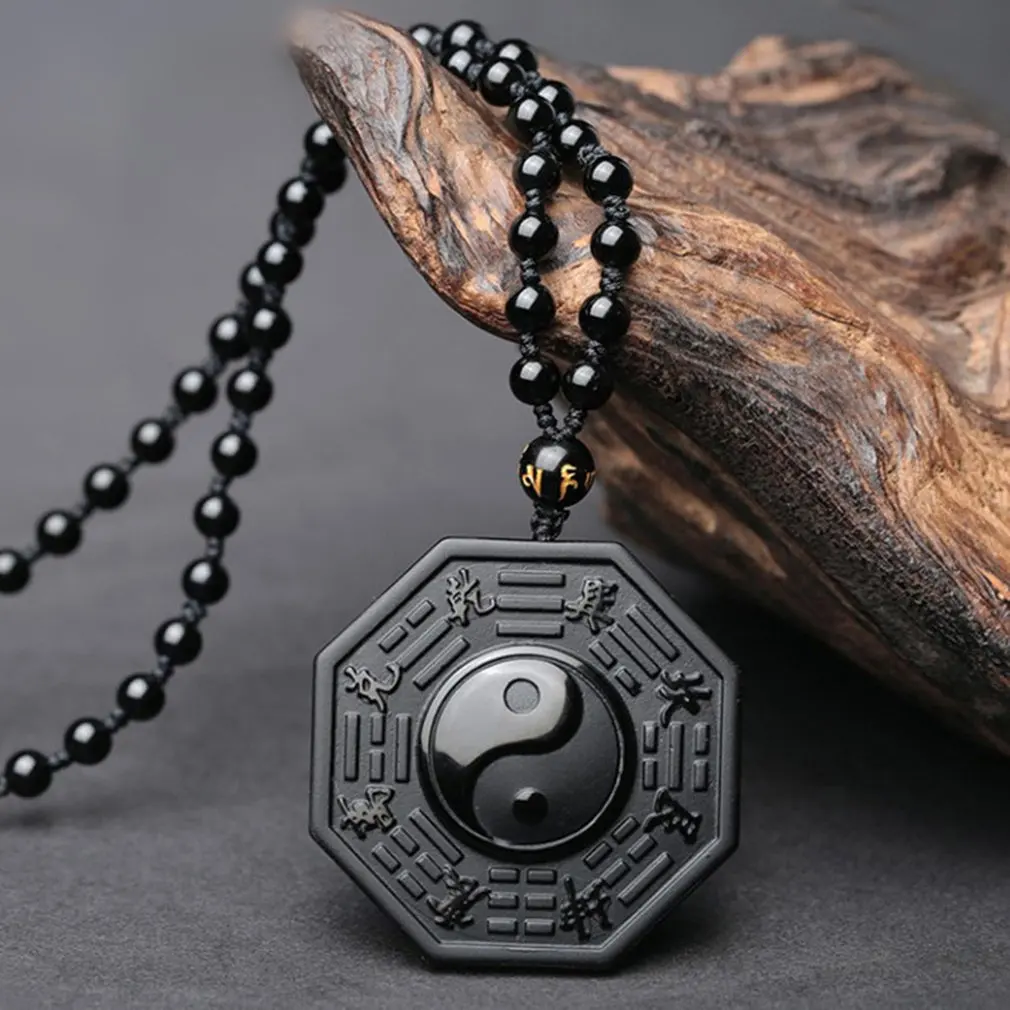 Black Obsidian Bagua Necklace Pendant Yin Yang Jade Jewelry With Beads Chain Drop Ship Men's | Украшения и аксессуары