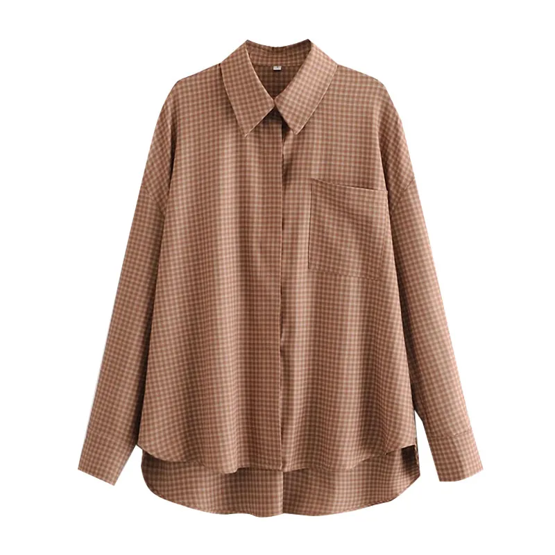 Women Fahsion Oversized Check Asymmetric Bloues Vintage Long Sleeve Button-up Female Shirts Blusas Chic Tops 
Women Fahsion Oversized Check Asymmetric Bloues Vintage Long Sleeve Button-up Female Shirts Blusas Chic Tops