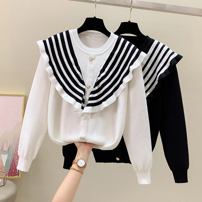 2021 New Autumn Korean Style Knitted Pullovers Loose Ruffle Stripe O Neck Pullover Casual Sweater Top Winter Clothing Pull
2021 New Autumn Korean Style Knitted Pullovers Loose Ruffle Stripe O Neck Pullover Casual Sweater Top Winter Clothing Pull