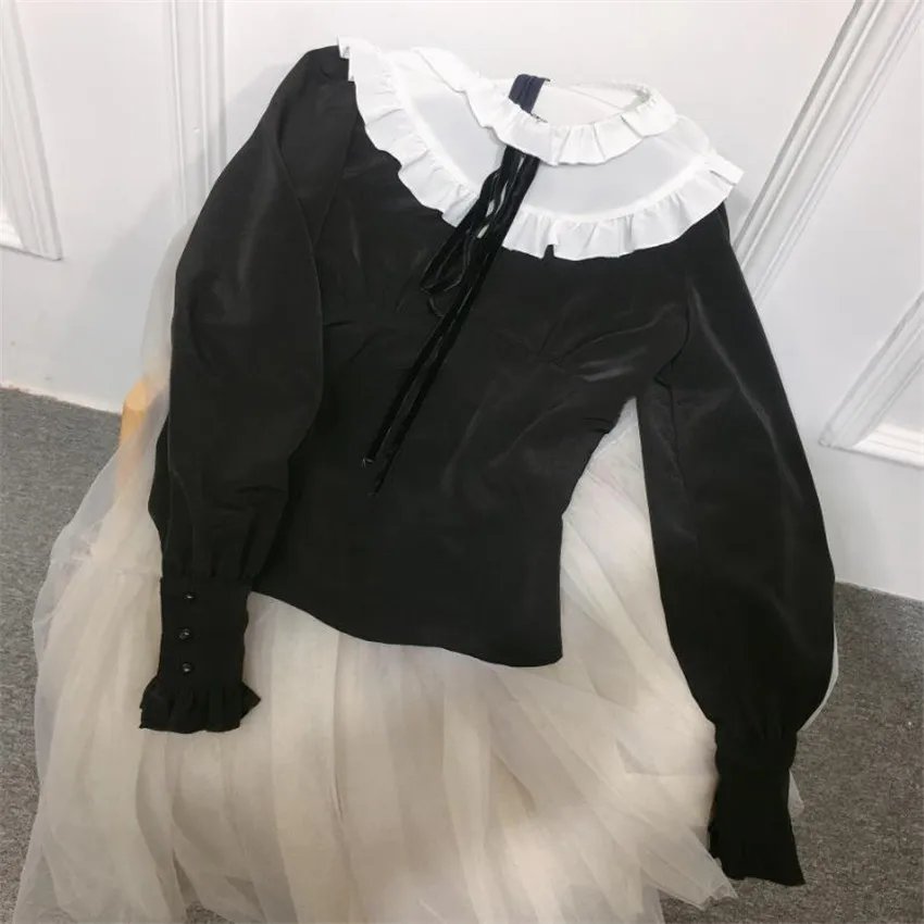 2020 Spring Autumn Long Sleeve Lotus Leaf Collar Shirt Women's Color Matching Bow Sweet Slim Short Base Tops
2020 Spring Autumn Long Sleeve Lotus Leaf Collar Shirt Women's Color Matching Bow Sweet Slim Short Base Tops