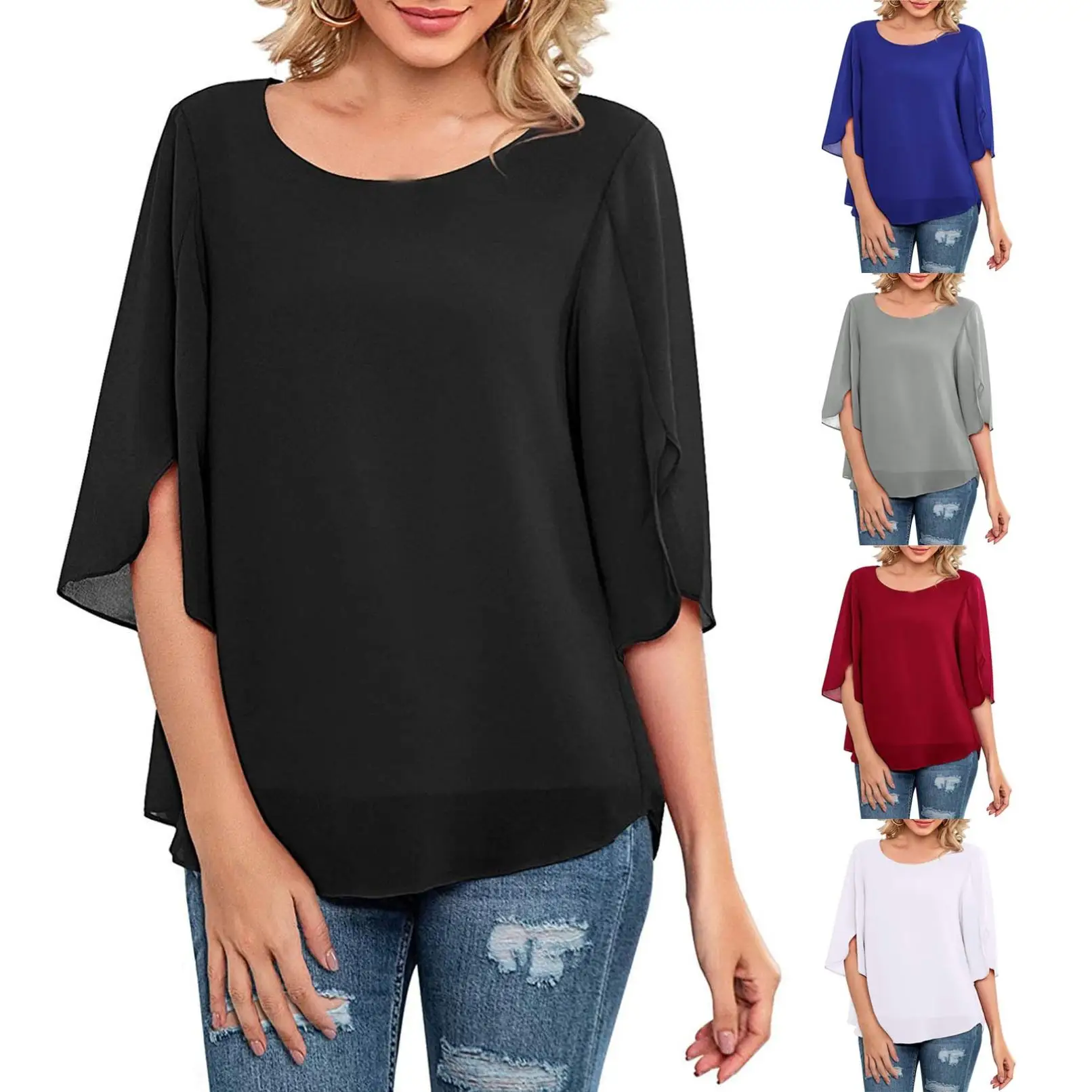 Womens Plus Size BLouse Casual Round Neck Loose Tops Ladies Summer 3/4 Sleeve Chiffon Blouse Shirt Tops Daily blusas mujer 2021
Womens Plus Size BLouse Casual Round Neck Loose Tops Ladies Summer 3/4 Sleeve Chiffon Blouse Shirt Tops Daily blusas mujer 2021