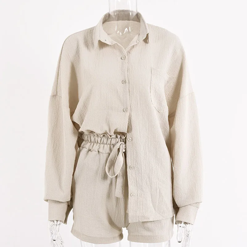 2021 New High Waist Drawstring Casual Tops And Shorts Two-pieces Set Women Cotton Loose Long Sleeve Shirts Female 2 Pieces Suits
2021 New High Waist Drawstring Casual Tops And Shorts Two-pieces Set Women Cotton Loose Long Sleeve Shirts Female 2 Pieces Suits