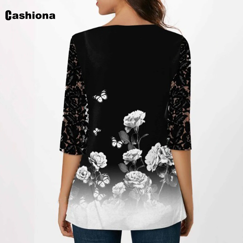 Ladies Elegant Leisure Casual T shirt Patchwork Lace flower Print O-neck Loose Women's Tops 2020 Summer New Tee shirts Femme
Ladies Elegant Leisure Casual T shirt Patchwork Lace flower Print O-neck Loose Women's Tops 2020 Summer New Tee shirts Femme