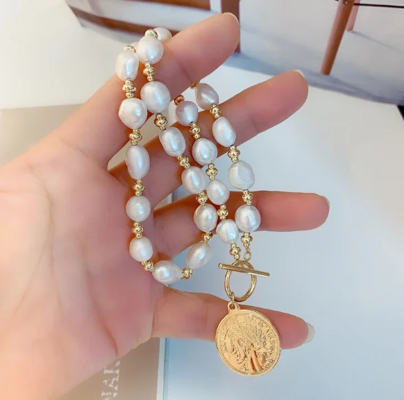 

Ожерелье из натурального жемчуга в стиле барокко, позолоченные бусины белого цвета, подвеска из натурального пресноводного жемчуга, Модная...