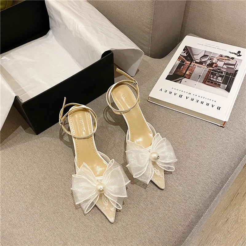 Fashion Women's Sexy Sandals Pointed Stiletto Mesh Pearl High Heels With Bow lace Shoes
Fashion Women's Sexy Sandals Pointed Stiletto Mesh Pearl High Heels With Bow lace Shoes