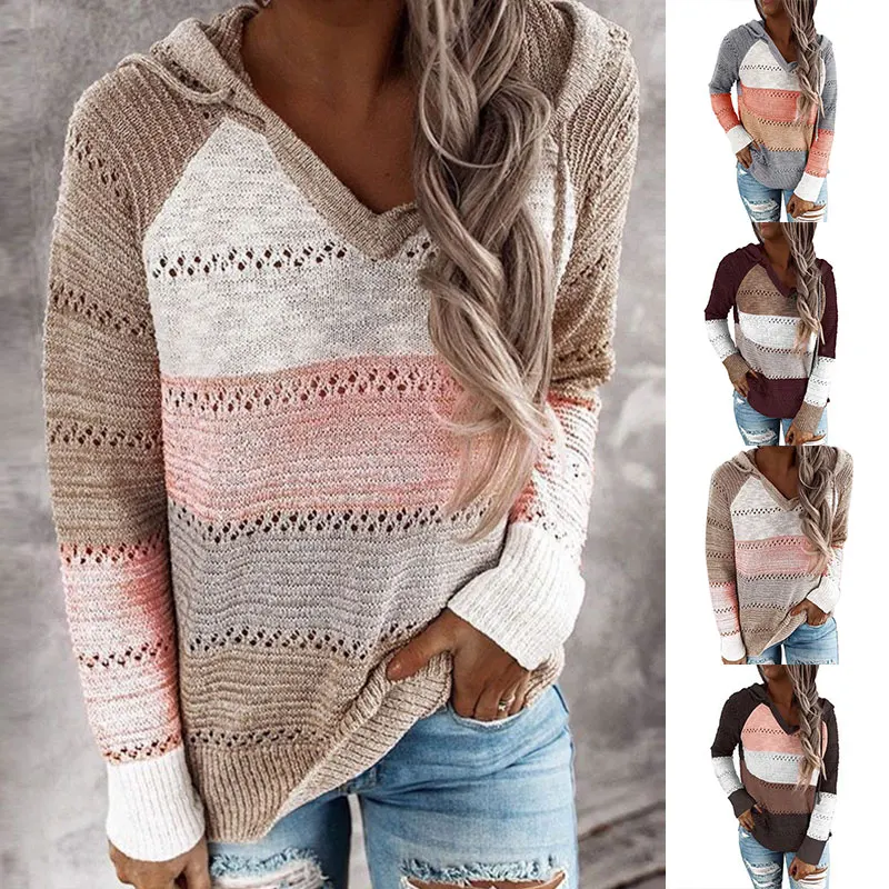 Autumn V Neck Sweater Patchwork Hooded Top Winter Striped Sweater Casual Long Sleeve Jumpers Elegant Hooded Knitwear Pullover
Autumn V Neck Sweater Patchwork Hooded Top Winter Striped Sweater Casual Long Sleeve Jumpers Elegant Hooded Knitwear Pullover