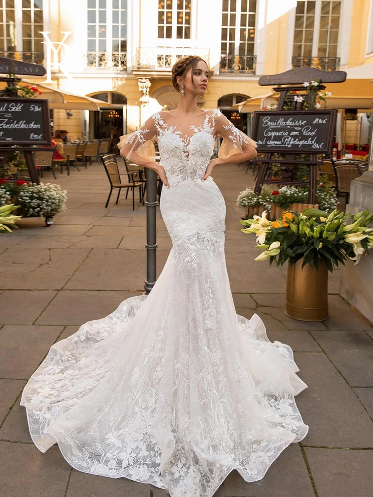 YILIBER Mermaid wedding dress v-neck half sleeve luxury retro bridal dresses lace tailing applique decoration wedding gown 
YILIBER Mermaid wedding dress v-neck half sleeve luxury retro bridal dresses lace tailing applique decoration wedding gown