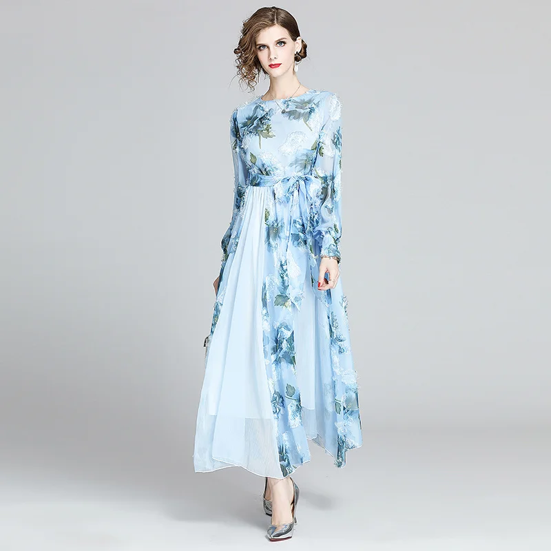 COIGARSAM Fashion Patchwork Print Chiffon New Lantern Sleeve High Waist Dresses Pale Blue 3570|Женские платья| |