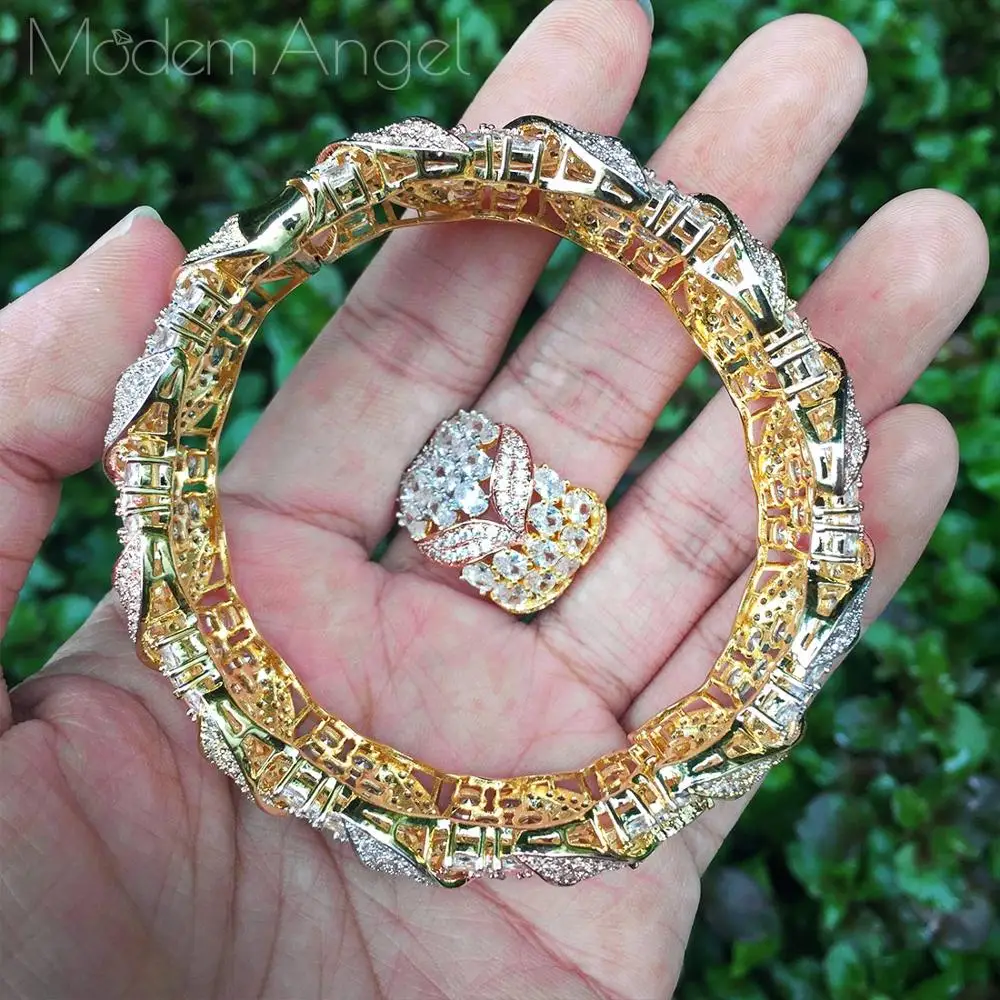 ModemAngel Brand Luxury Flower Design Cubic Zirconia Three colors Bracelets Bangle Ring Set for Women Jewelry Gifts | Украшения и