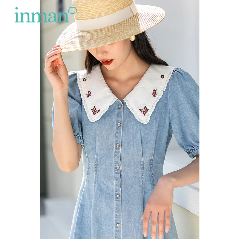 

INMAN Summer Denim Dress Short Sleeve Wrinkle Wasit Folwer Embroidery Turn Down Collar Date Causal One-Piece