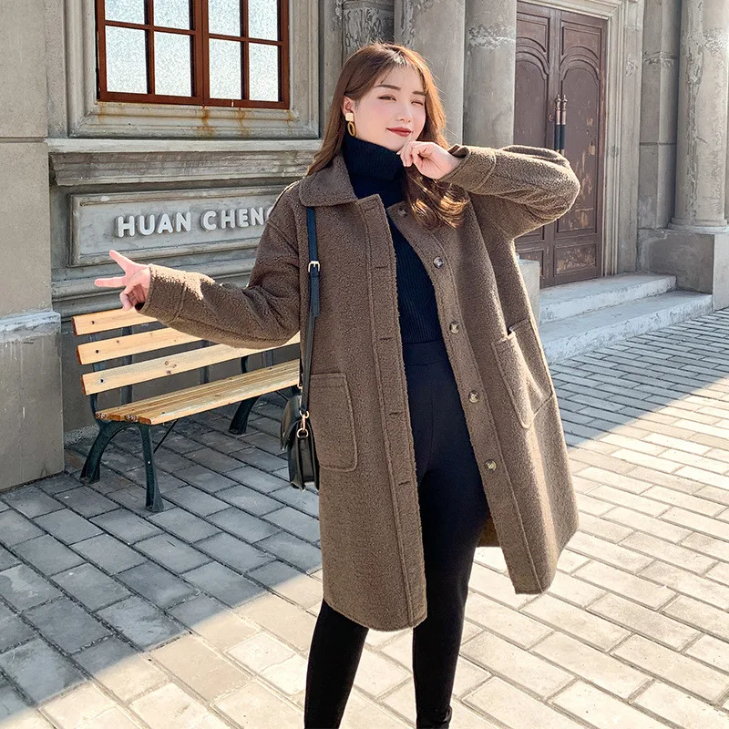 Oversize Lamb Wool Skin Fur Together Jacket Women Autumn Winter Single-Breasted Outwear Loose Casual Top Coat Plus Size KW273 | Женская