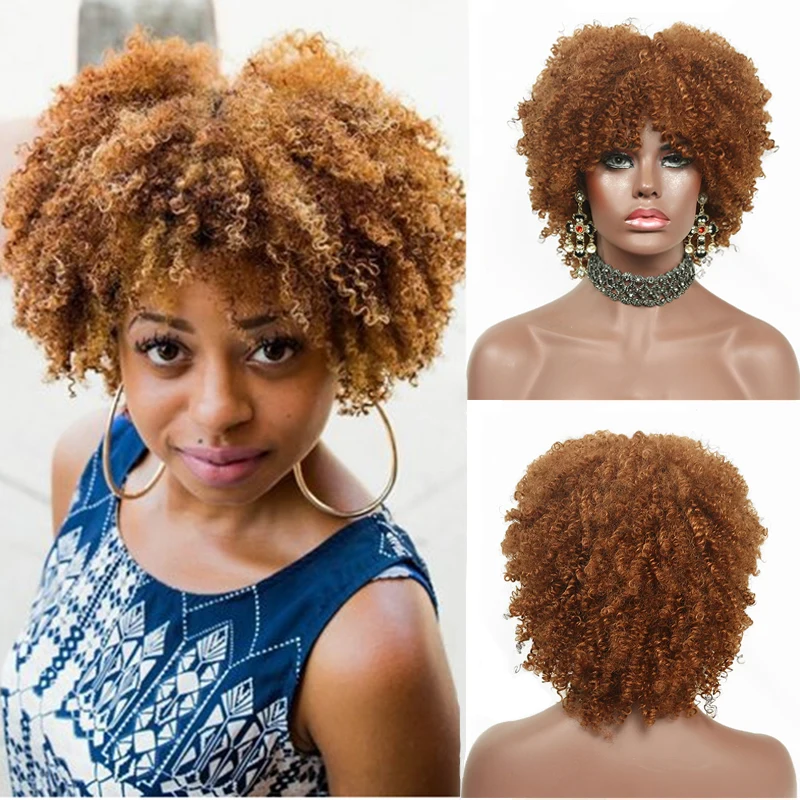 

MSIWIGS Short Afro Kinkly Curly Synthetic Wig for Women Black African American Lady Daily Brown Red Headgear Heat Resistant