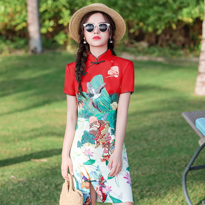 Китайский женский короткий рукав Qipao Для женщин традиционные красные рисунком подъемного крана, комплекты одежды Cheongsam официальная Вечерин...
Китайский женский короткий рукав Qipao Для женщин традиционные красные рисунком подъемного крана, комплекты одежды Cheongsam официальная Вечерин...