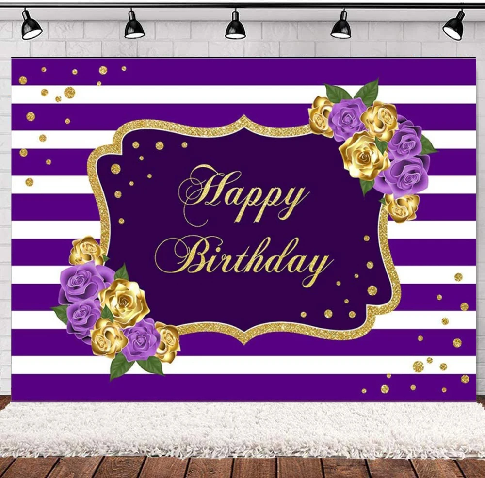 Happy Birthday Photography Backdrop Gold And Purple Floral Decor Purple White Stripe Gold Dots Sweet 16th Birthday Background
Happy Birthday Photography Backdrop Gold And Purple Floral Decor Purple White Stripe Gold Dots Sweet 16th Birthday Background
