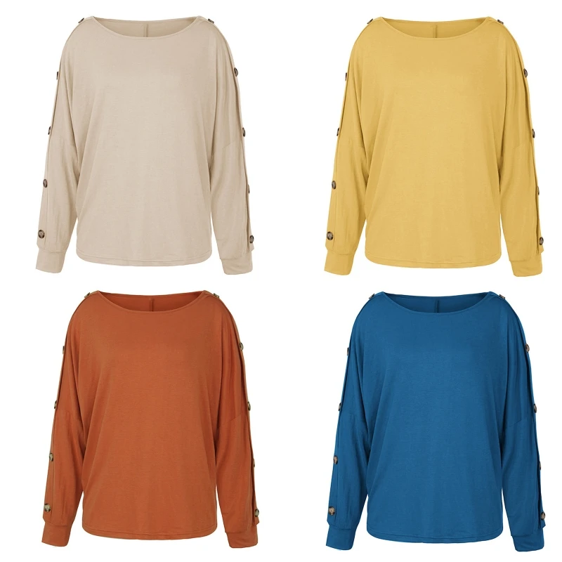 Women Buttons Decor Long Sleeve T Shirts Round Neck Sexy Drop Shoulder Pullover Tops Solid Color Casual Oversized Loose Blouse
Women Buttons Decor Long Sleeve T Shirts Round Neck Sexy Drop Shoulder Pullover Tops Solid Color Casual Oversized Loose Blouse