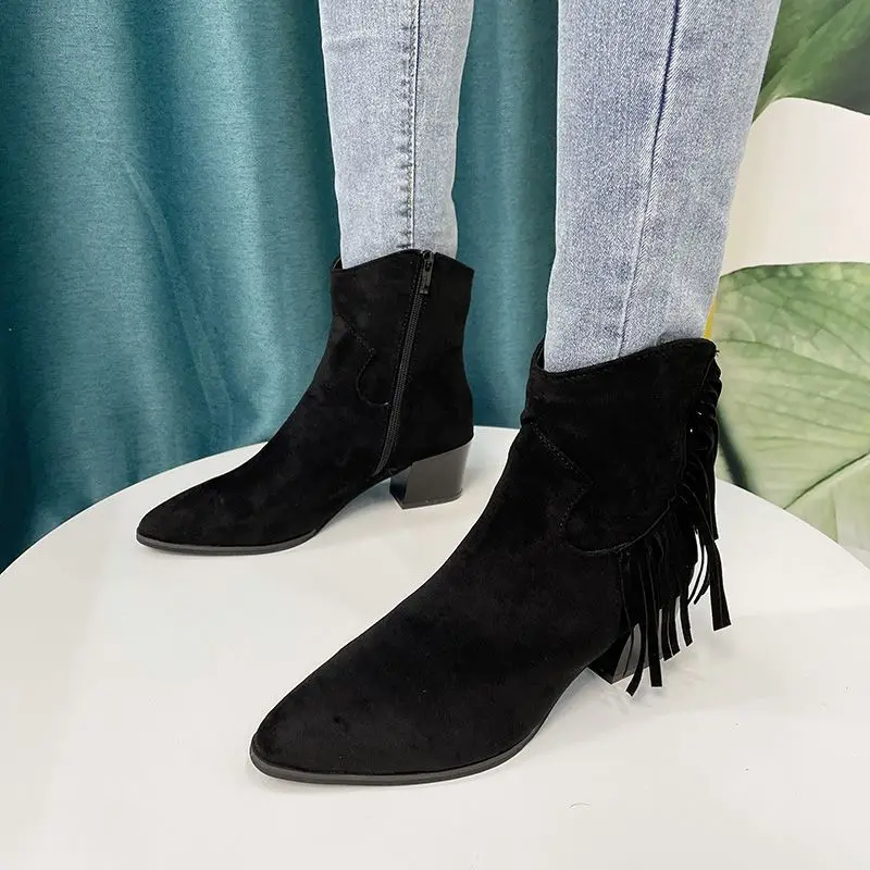 Fringe Western Women Boots Suede Leather Black Brown Tassel Chunky Size 35-43 Winter Mid-Calf Autumn Pointed Toe Female Shoes
Fringe Western Women Boots Suede Leather Black Brown Tassel Chunky Size 35-43 Winter Mid-Calf Autumn Pointed Toe Female Shoes
