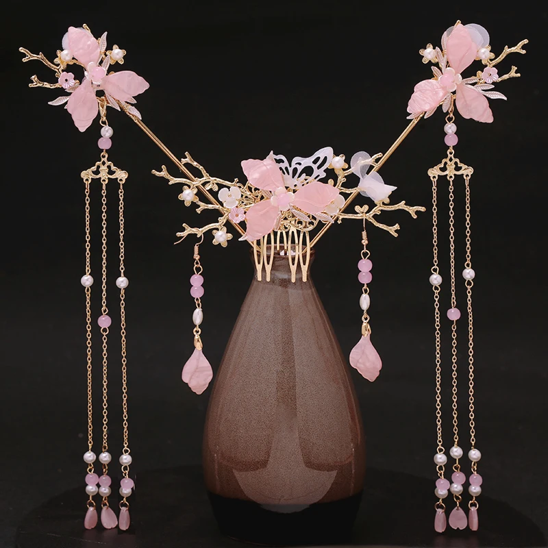 

XinHuaEase Hanfu Accessories Antique Headdress Full Set of Ancient Hair Ornaments Combed Hairpin Set Liu Su Bu Yao Female Flower