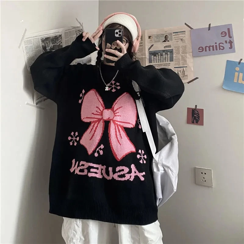 Korean style street all-match knitted top Harajuku sleeve size round neck sweet and cute bow jacquard loose thick warm sweater
Korean style street all-match knitted top Harajuku sleeve size round neck sweet and cute bow jacquard loose thick warm sweater