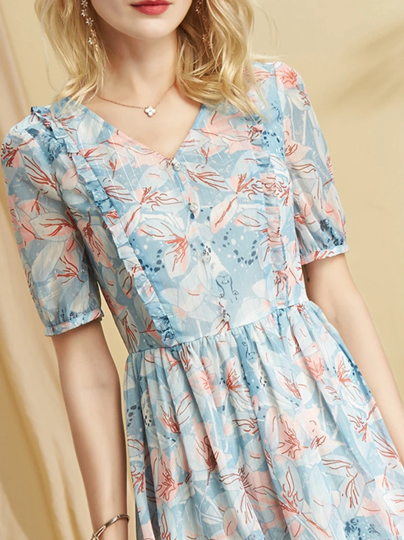 French style flower summer dress women fashion short-sleeved ruffled pleated chiffon dress button V-neck Ladies work long dress
French style flower summer dress women fashion short-sleeved ruffled pleated chiffon dress button V-neck Ladies work long dress