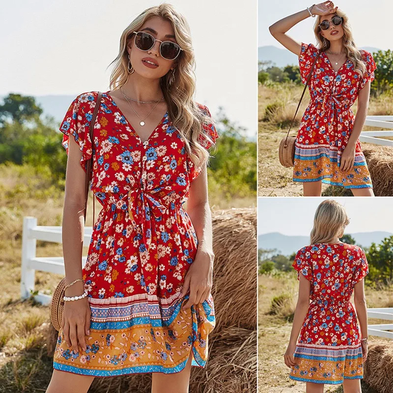 Sexy V-Neck Ruffle Sleeve Holiday Mini Dress Women Floral Print Casual Summer Boho Dress Vintage Dress
Sexy V-Neck Ruffle Sleeve Holiday Mini Dress Women Floral Print Casual Summer Boho Dress Vintage Dress