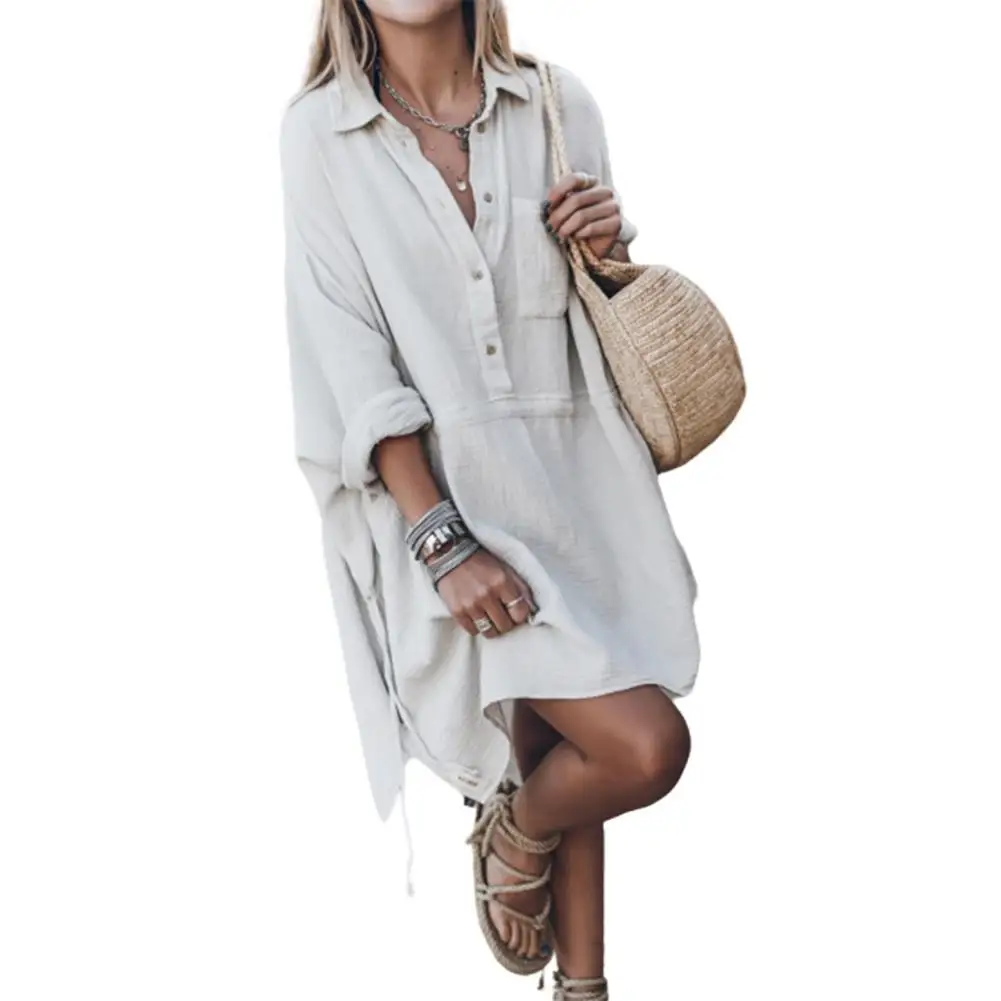 Women Casual Solid Color Long Sleeve Pocket Buttons Loose Knee-length Dress
Women Casual Solid Color Long Sleeve Pocket Buttons Loose Knee-length Dress