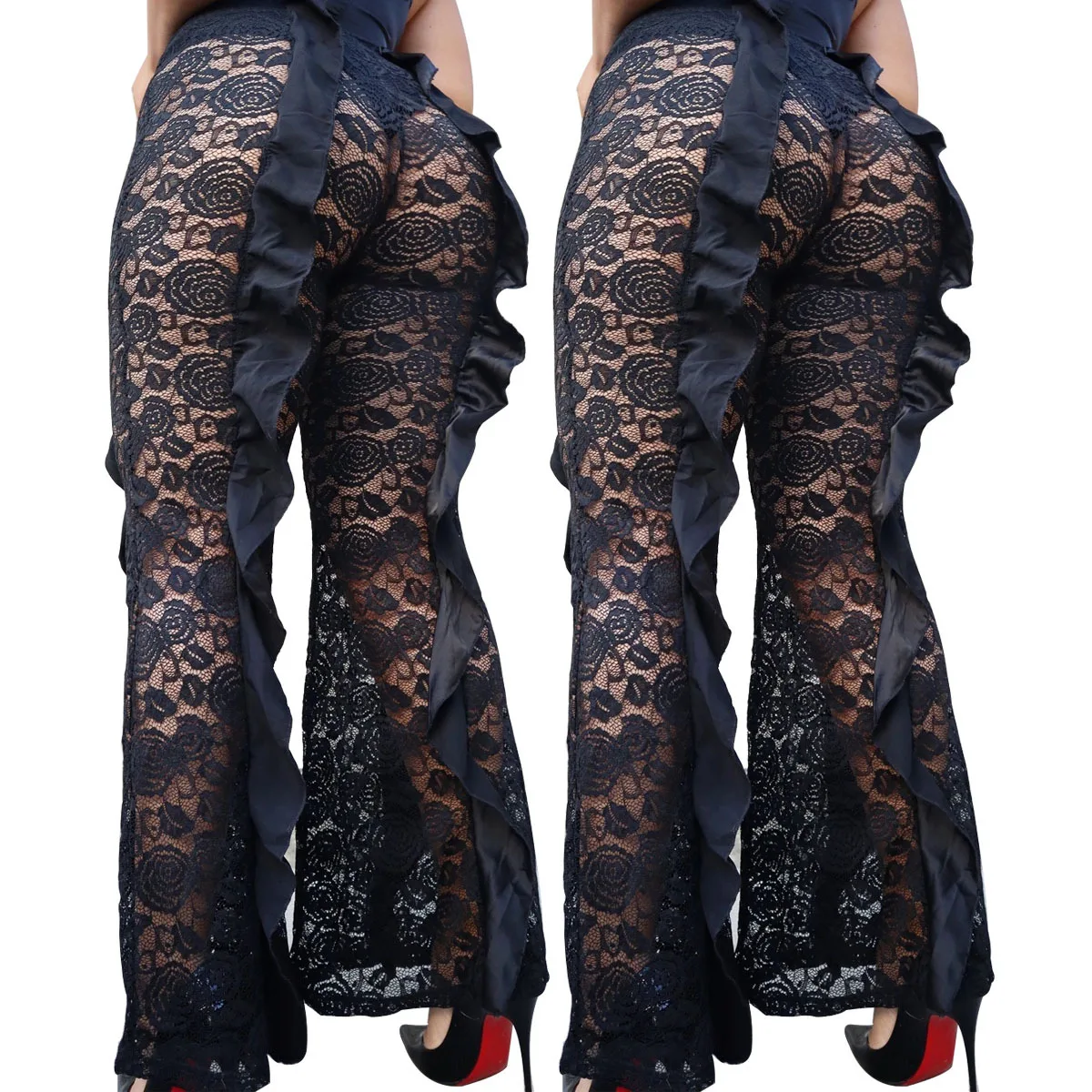 Ruffles Hollow Out Flare Black Lace Pants Sexy See Through Young Fashion Trousers Summer 2021 Charming Clothing Female Wholesale
Ruffles Hollow Out Flare Black Lace Pants Sexy See Through Young Fashion Trousers Summer 2021 Charming Clothing Female Wholesale