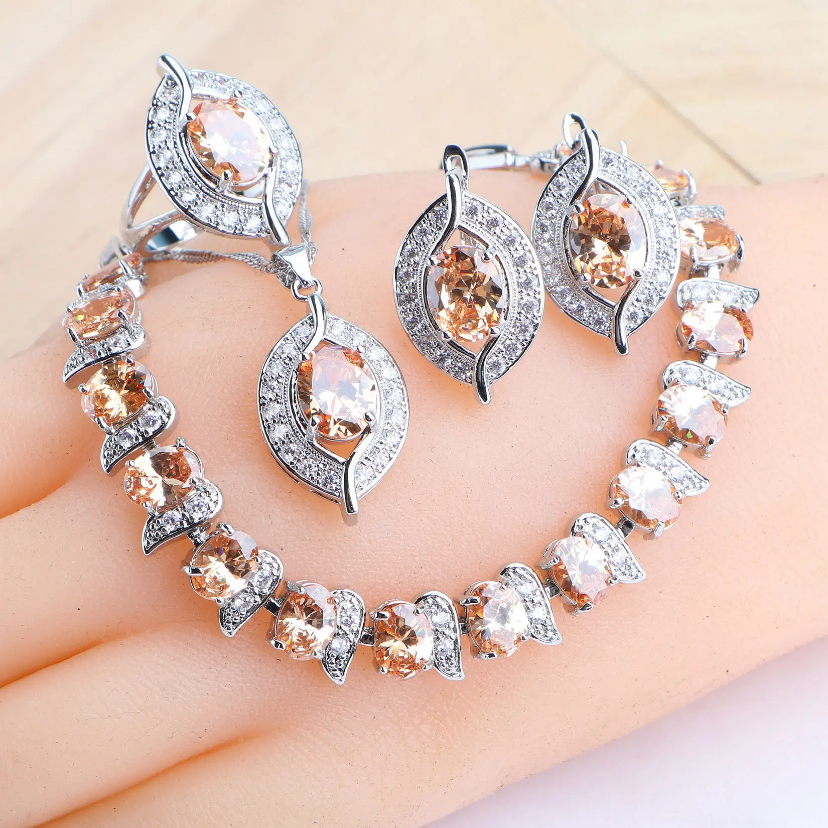 925 Silver Wedding Jewelry Sets Bridal For Women Champagne Zircon Costume Jewelry Bracelets Necklace Set Earrings Rings Pendant
925 Silver Wedding Jewelry Sets Bridal For Women Champagne Zircon Costume Jewelry Bracelets Necklace Set Earrings Rings Pendant