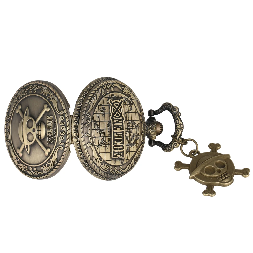 

Vintage Antique One Piece Theme Pocket Watch With Bronze Pirate Skull Pendant Quartz Necklace Chain Pendant Watch Men Women Gift