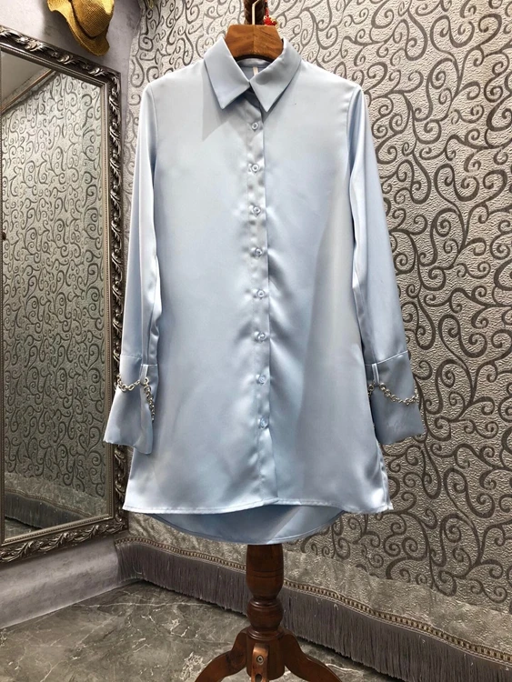 2021 new women fashion lapel sleeves chain stitching decoration solid color long-sleeved button dress 1023 
2021 new women fashion lapel sleeves chain stitching decoration solid color long-sleeved button dress 1023