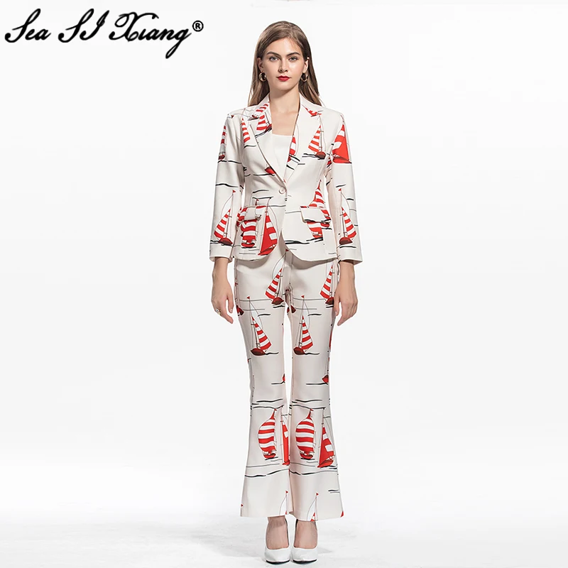 Seasixiang Fashion Designer Autumn Suit Women Turn-down Collar Long Sleeve Coat + Flare Pants Print Two Piece Set
Seasixiang Fashion Designer Autumn Suit Women Turn-down Collar Long Sleeve Coat + Flare Pants Print Two Piece Set