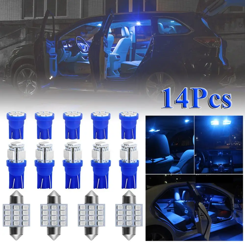 14pcs T10 Auto Car Blue LED Light Bulbs Replacement Kit for Car Interior & Dome & License Plate Lamps Tail Light
14pcs T10 Auto Car Blue LED Light Bulbs Replacement Kit for Car Interior & Dome & License Plate Lamps Tail Light