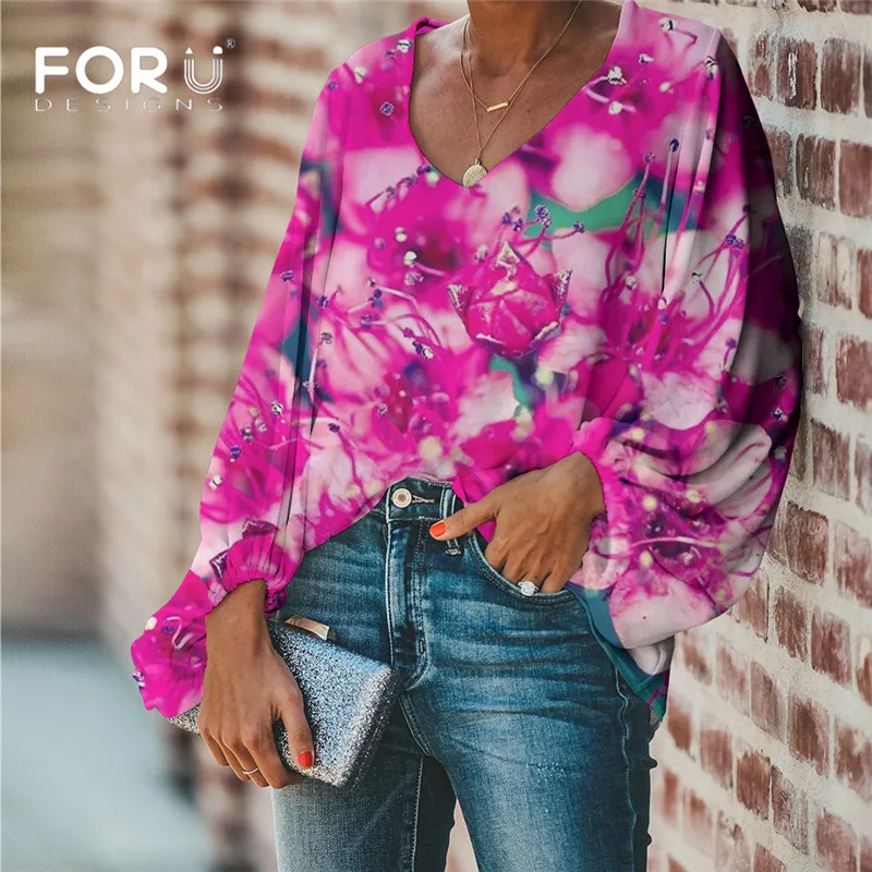 FORUDESIGNS Large Size Purple Lilac 3D Flower Print Women Blouse 2019 Casual Loose Long Sleeve Tops V-neck Shirts Female | Женская