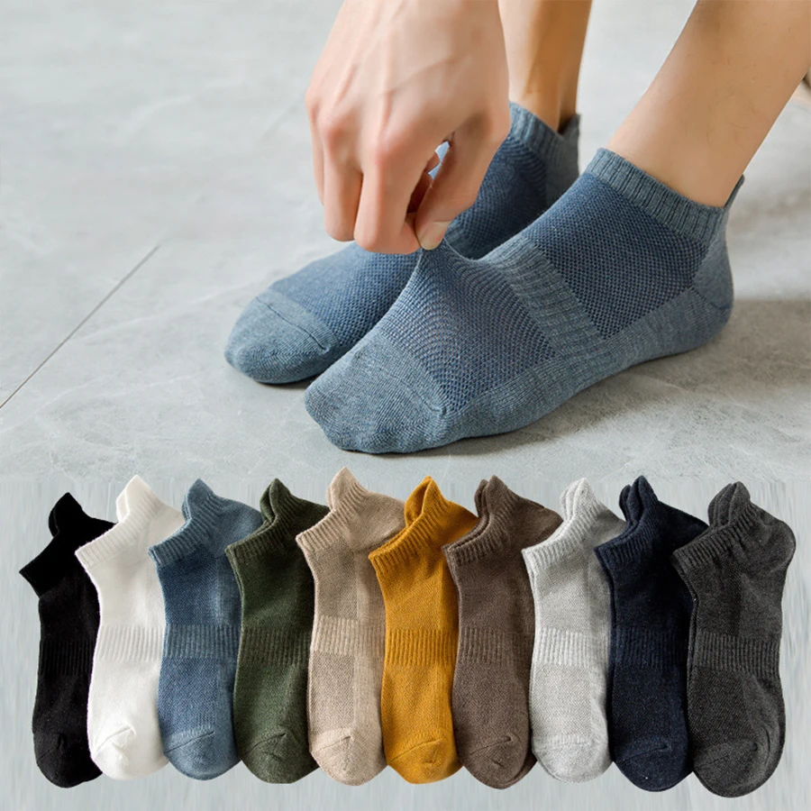 

10 Pairs/set Men Cotton Socks Low Cut Air Mesh Design Cuff Tab 10 Solid Colors Black White Thin Breathable Casual Ankle 10 Pack