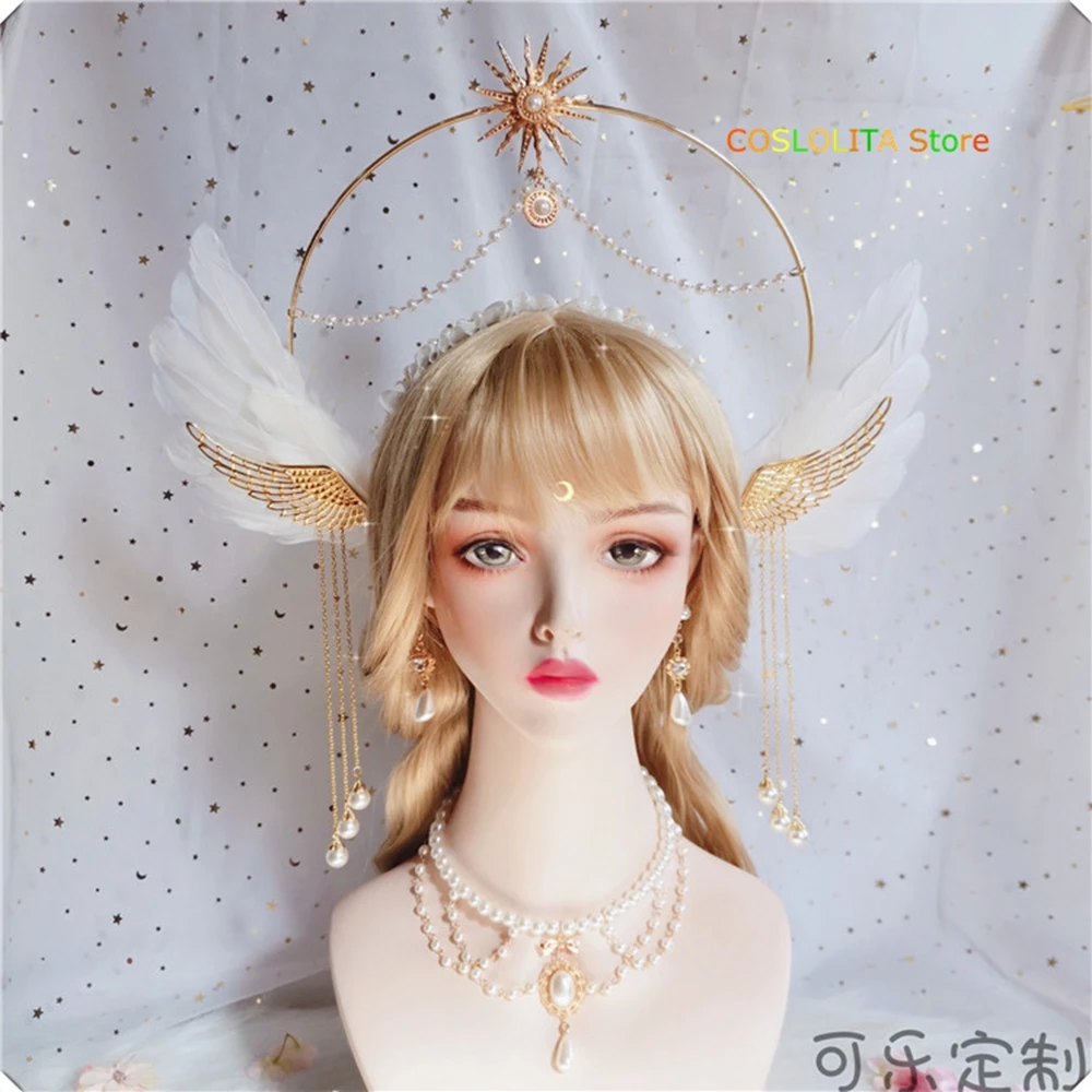 

Lolita Halo Circle Apollo White Angel Feather Wings Headdress Super Fairy Gothic Style Take photo Props Hair Accessories Cosplay
