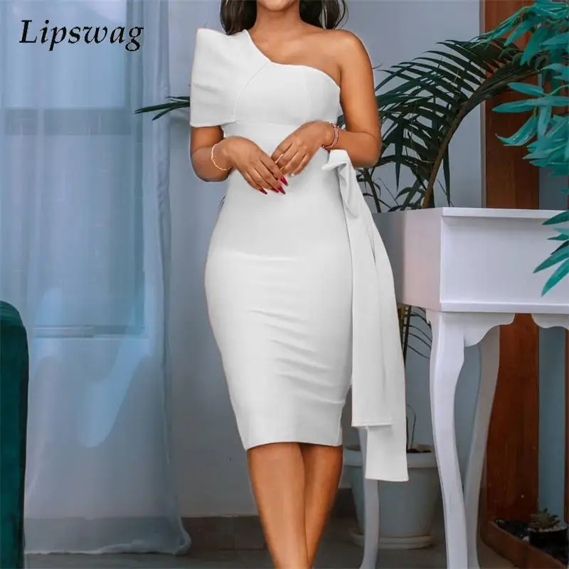 2022 Spring Elegant Soild Side Bow Party Dress Sexy One Shoulder Bodycon Dress Summer Women Casual Straight Office Lady Dresses
2022 Spring Elegant Soild Side Bow Party Dress Sexy One Shoulder Bodycon Dress Summer Women Casual Straight Office Lady Dresses