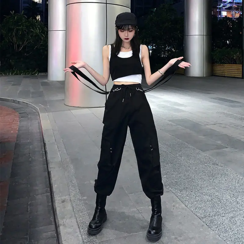 

QWEEK Goth Cargo Pants Women Punk Capris Pants Harajuku High Waist Pants Oversize Detachable Strap Casual Trousers Emo Techwear