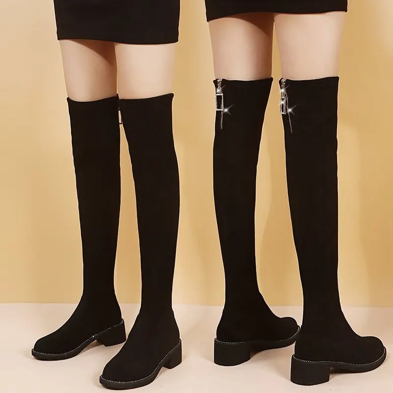 Black Knee High Boots for Women Rhinestone Back Zipper Stretch Elastic Boots Women's Fashion Thick Heel Middle Heel Boots 4.5cm
Black Knee High Boots for Women Rhinestone Back Zipper Stretch Elastic Boots Women's Fashion Thick Heel Middle Heel Boots 4.5cm
