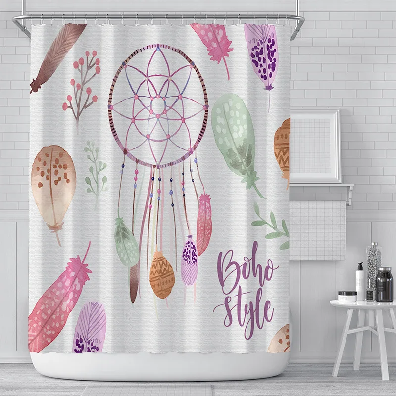 Simple ethnic style color feather printing bathroom shower curtain polyester waterproof household decorative curtain with hook 
Simple ethnic style color feather printing bathroom shower curtain polyester waterproof household decorative curtain with hook