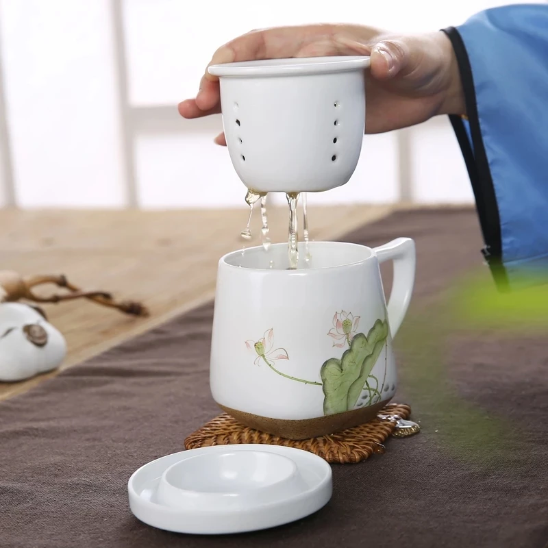 

Japanese Coarse Pottery Handpainted Lotus Teacup Kung Fu Tea Sets Coffee cups Office Puer Tea Cups with Filter Master Cup 350CC