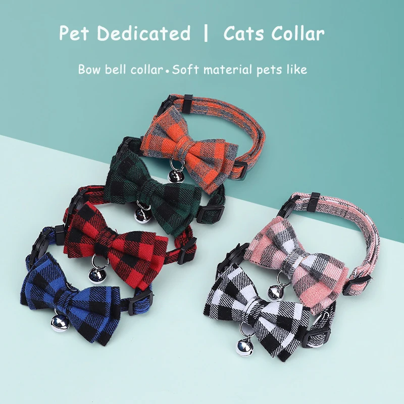 

Pet Collar Plaid Bowknot Bells Cat Collars Adjustable Puppy Leash Cute Necktie Chihuahua Small Dog Accessories British Style