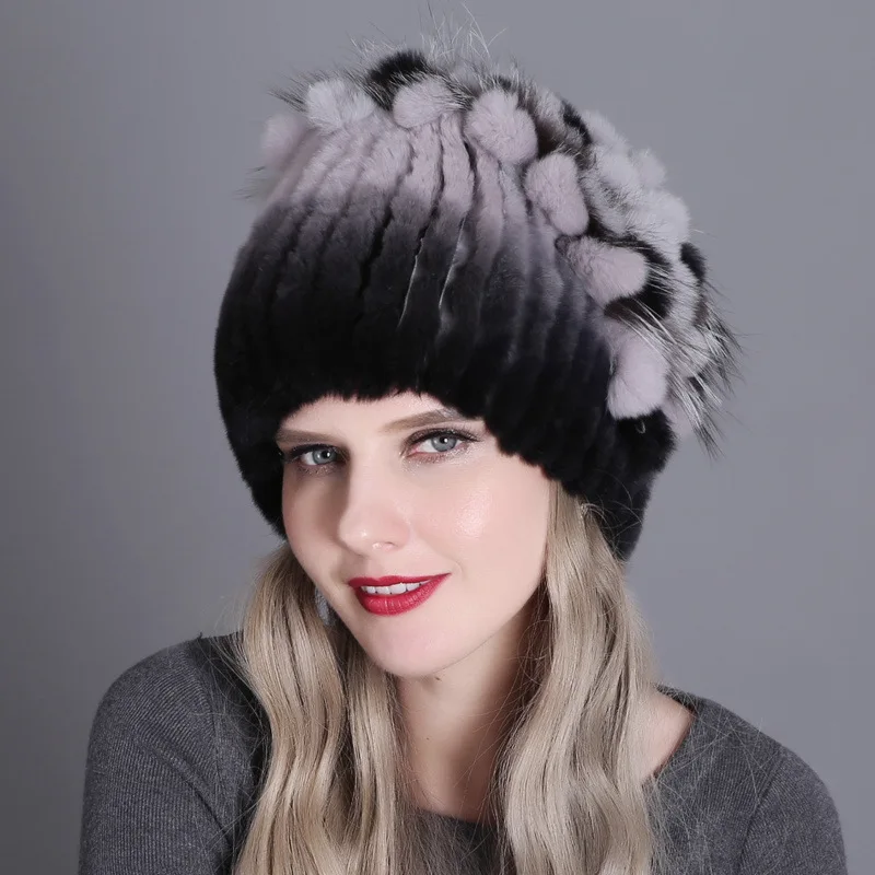 

Women Knitted Mink Fur Hat Styles Female Fur Cap With Fox Fur Pompom Lining Women Winter Headwear Girls Hats For Beanies