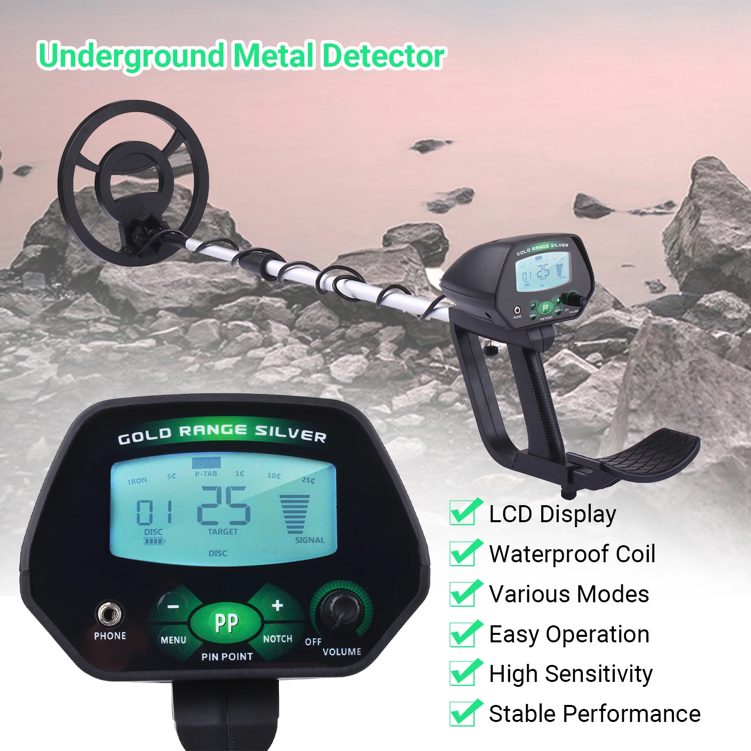 

Underground Metal Finder Metal Detector Waterproof Search Coil Gold Silver Seeker Treasure Hunter with Disc Notch Pinpoint Modes