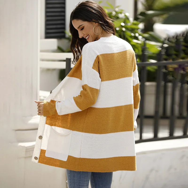 Korean Winter Ladies Khaki Striped Patchwork Female Cardigans Long Sigle Breasted Sweaters Womens V-Neck Pockets Casual Sweater
Korean Winter Ladies Khaki Striped Patchwork Female Cardigans Long Sigle Breasted Sweaters Womens V-Neck Pockets Casual Sweater