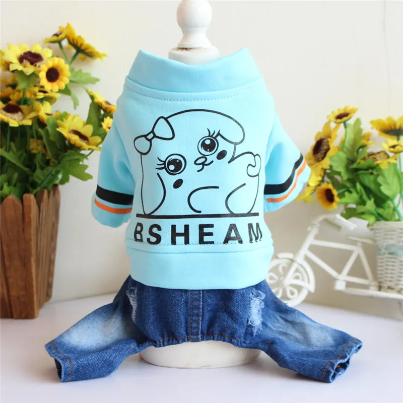 

New Dog Clothes Autumn Winter Four-Legged Pet Jacket Denim Small Dog Coat Jeans Print Overalls Jumpsuit For Siberian Pup Teddy