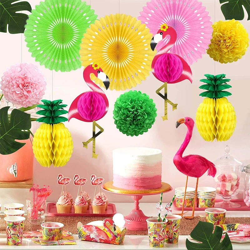 

Hawaiian Pink Flamingo Lantern Set Honeycomb Paper Flower Ball Tropical Rainforest Pineapple Theme Lantern Party Home Decor